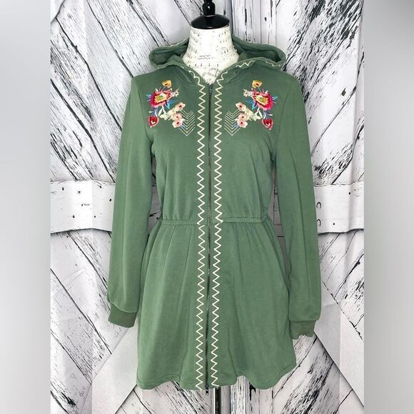 Solitaire Tops - Solitaire Embroidered Full Zip Tunic Hooded Sweatshirt Green Size M